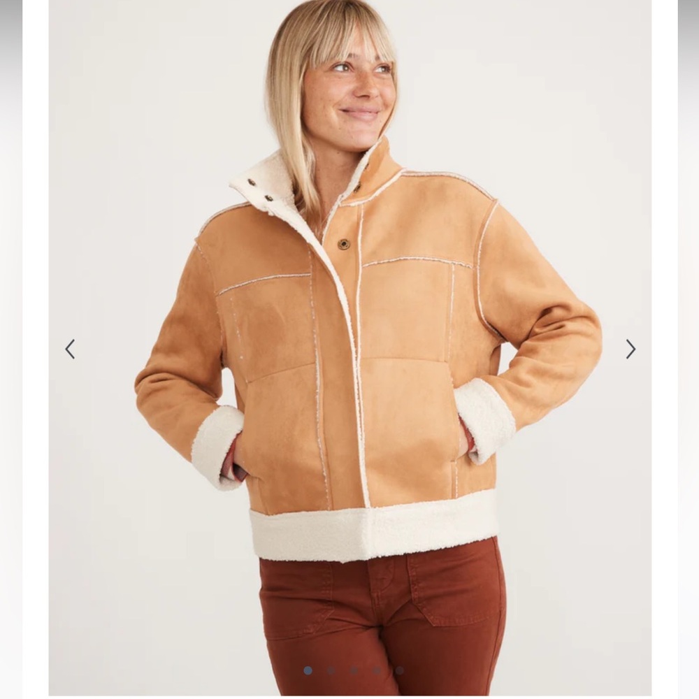 Marine Layer Tan Teddy Jacket with High Collar and Plush Fabric